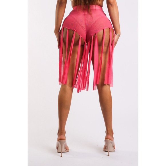 Women's Elastic Waist Casual Fringed Mesh Solid Sexy Shorts Size S, M, L - Picture 6 of 8